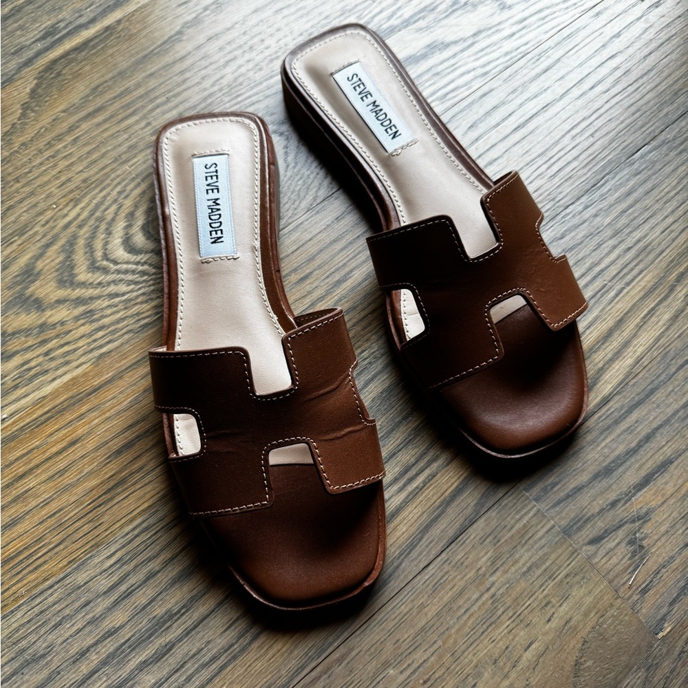 Steve Madden Brown Leather Mules with H-Cut Design